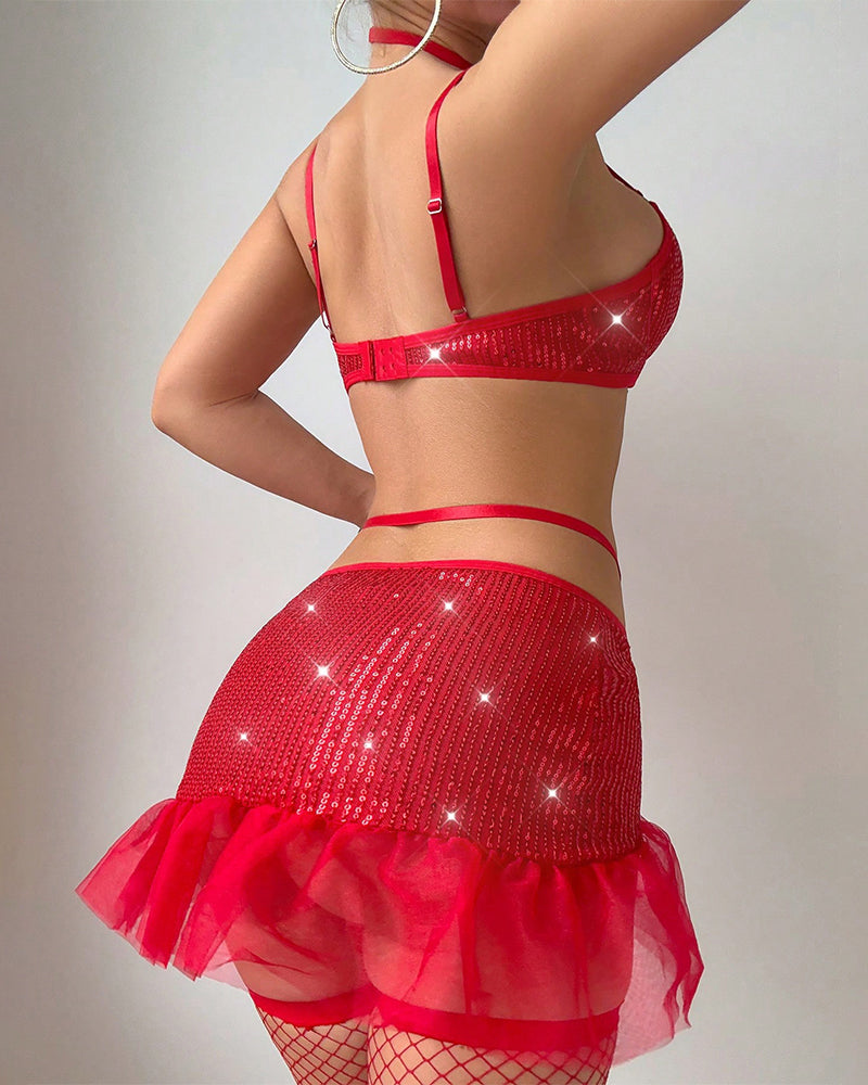 Sequined Glitter Bow Mesh Lingerie Socks Set