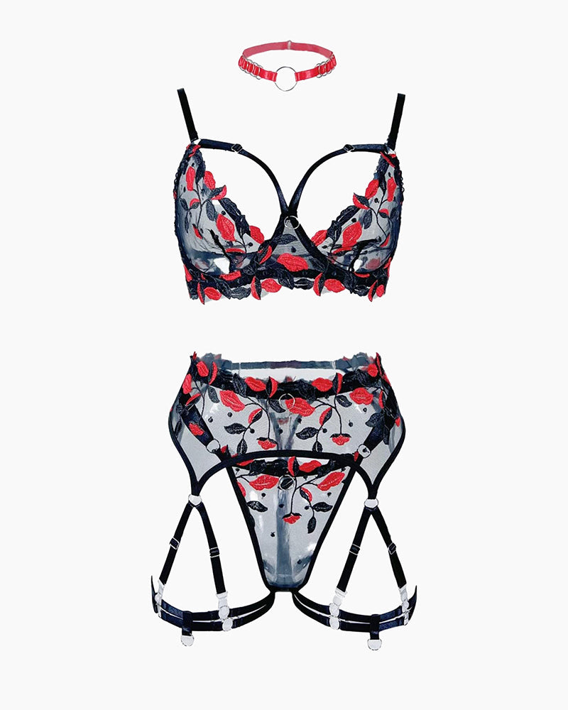 Lace Embroidered Floral Sheer Lingerie Set