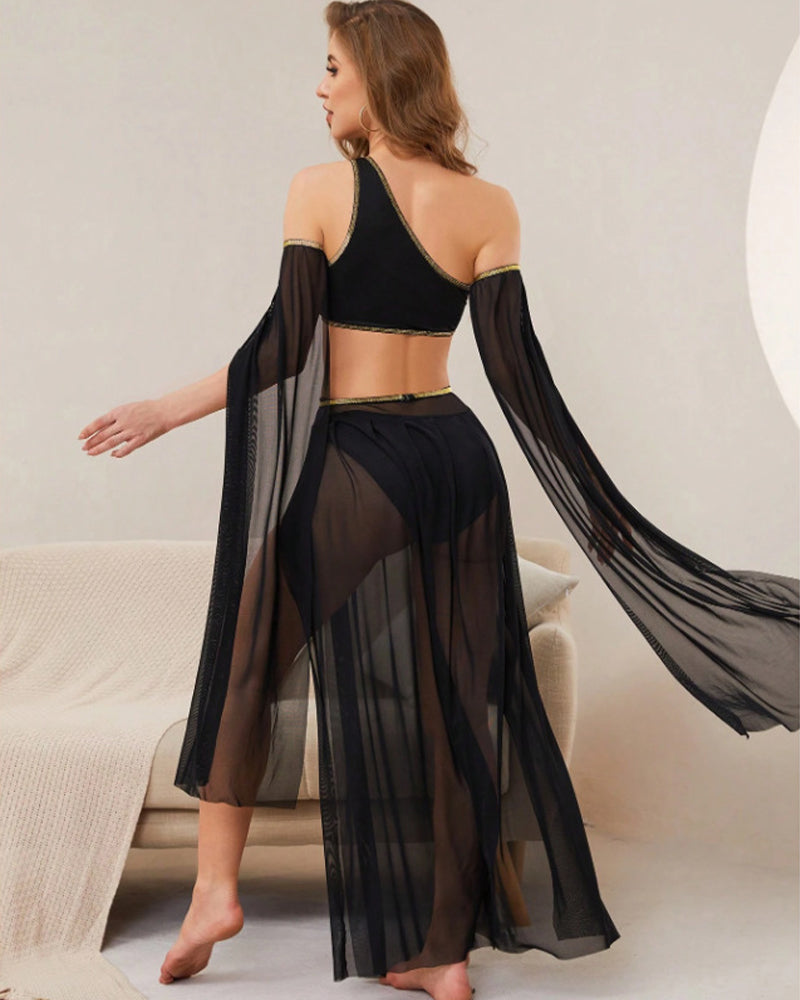 Asymmetrical Crop Top and Mesh Maxi Slit Skirt Set