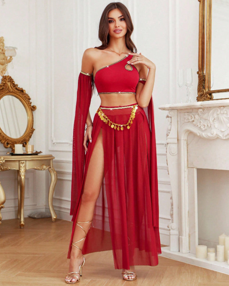 Asymmetrical Crop Top and Mesh Maxi Slit Skirt Set